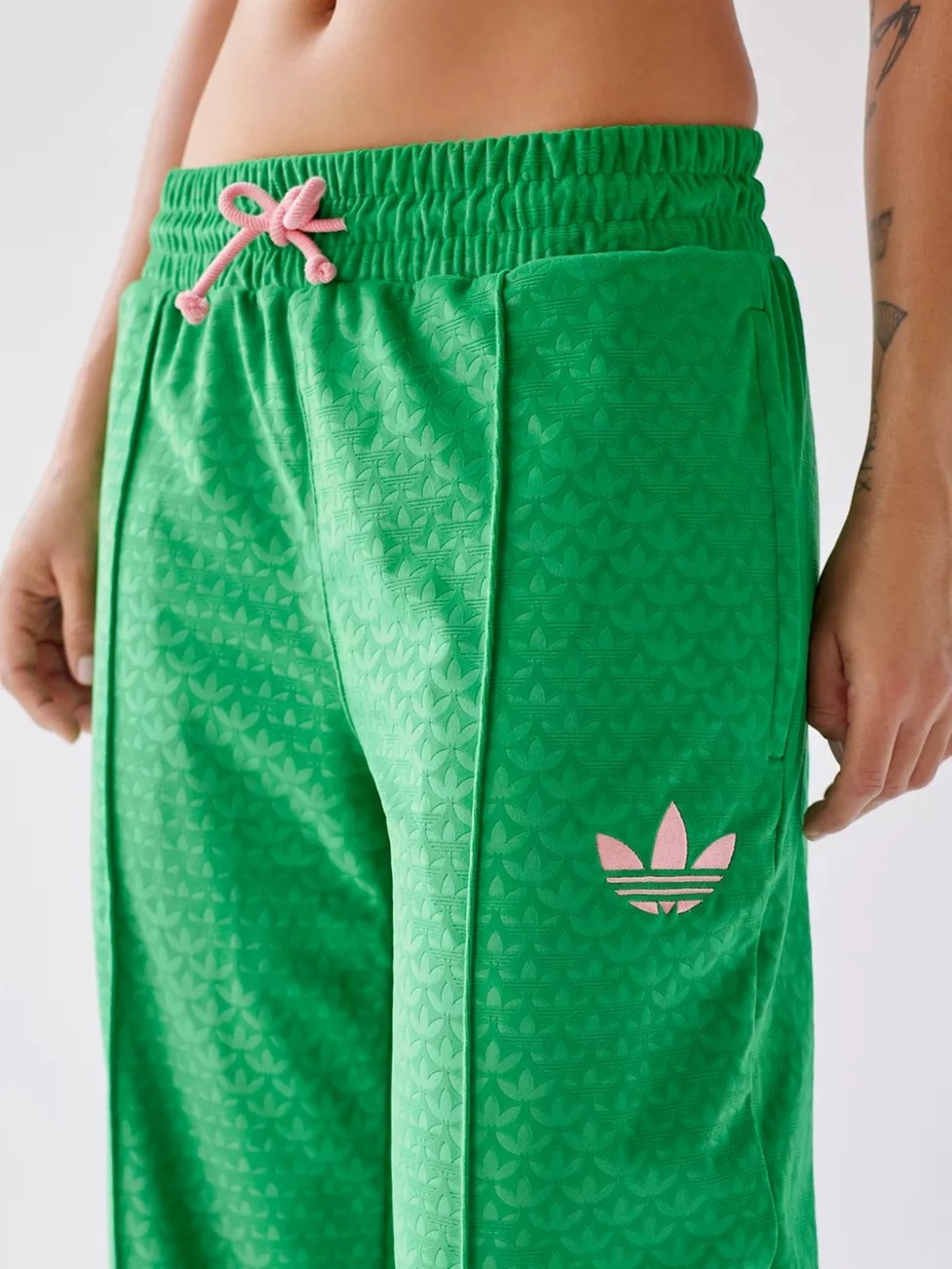 adidas Green Wide-Leg Track Pants with Pink Drawstring Small - Picture 2 of 9